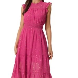 Allegra K Smocked Waist Gilding Metallic Stars Chiffon Dress